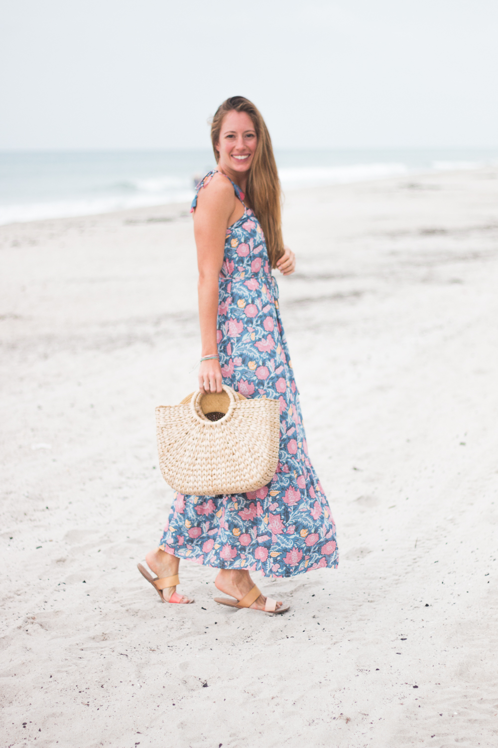 Floral Maxi Dress and Straw Bag
