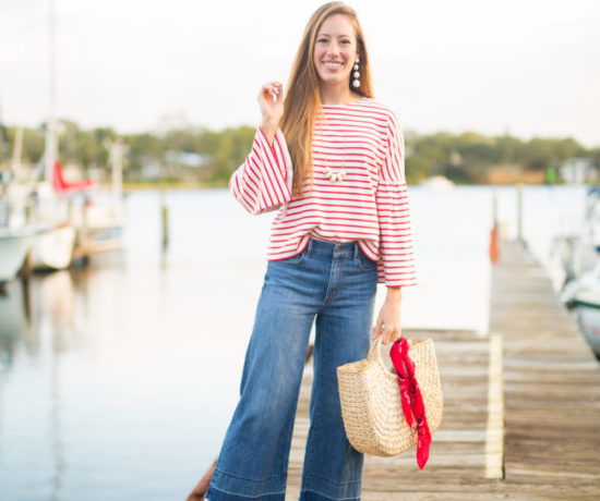 Classic Fall Outfit, Wearing Striped Top, Wide Leg Pants and Straw Bag | Sunshine Style