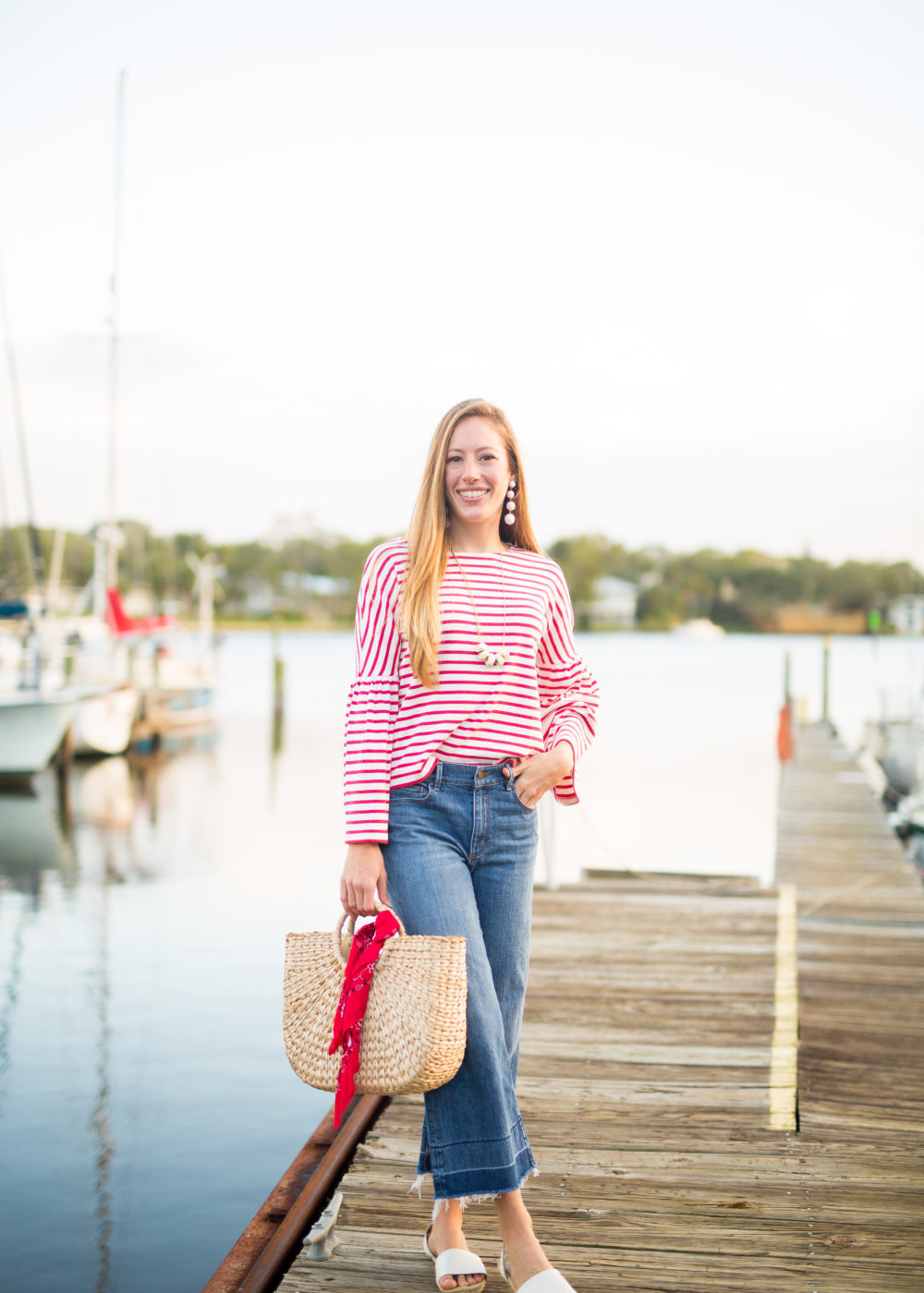 Classic Fall Outfit, Wearing Striped Top, Wide Leg Pants and Straw Bag | Sunshine Style