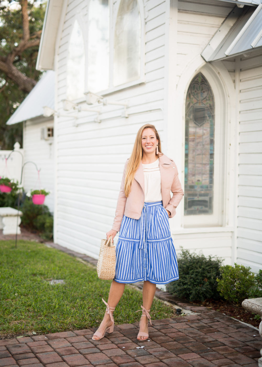 striped midi skirt and pink jacket