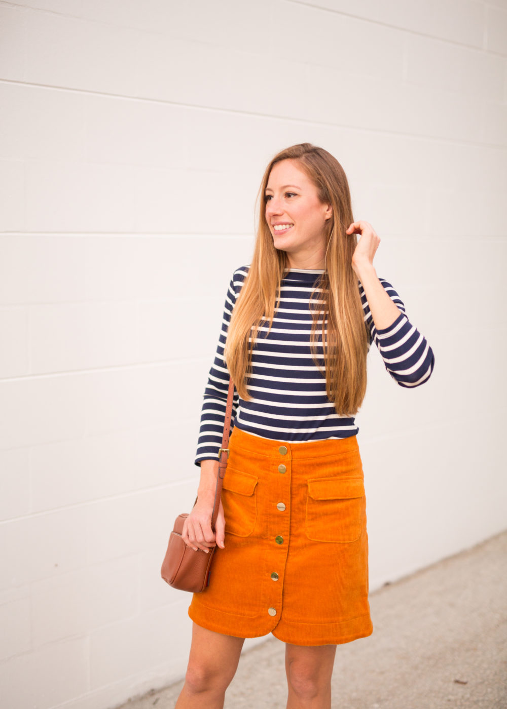 4 Must Have Fall Wardrobe Staples - Striped Shirt, Corduroy Skirt, Ankle Booties and Leather Bag | Sunshine Style