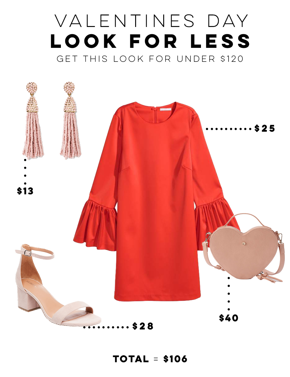 Valentines Day Look for Less Under $120 - H&M Red Dress + Blush Pink Accessories