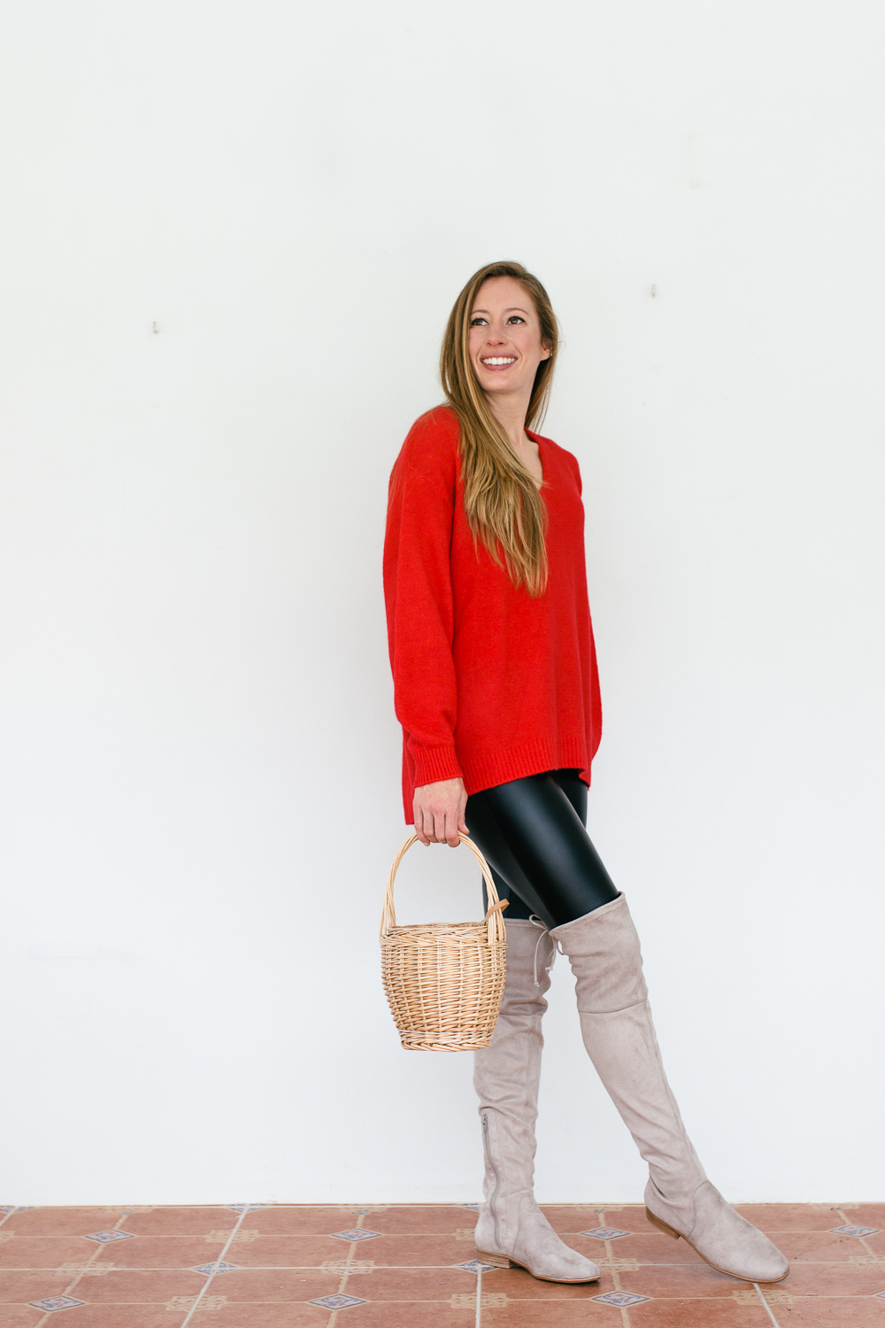 The Secret to Styling Faux-Leather Pants in the Winter - Red Sweater with Over the Knee Boots