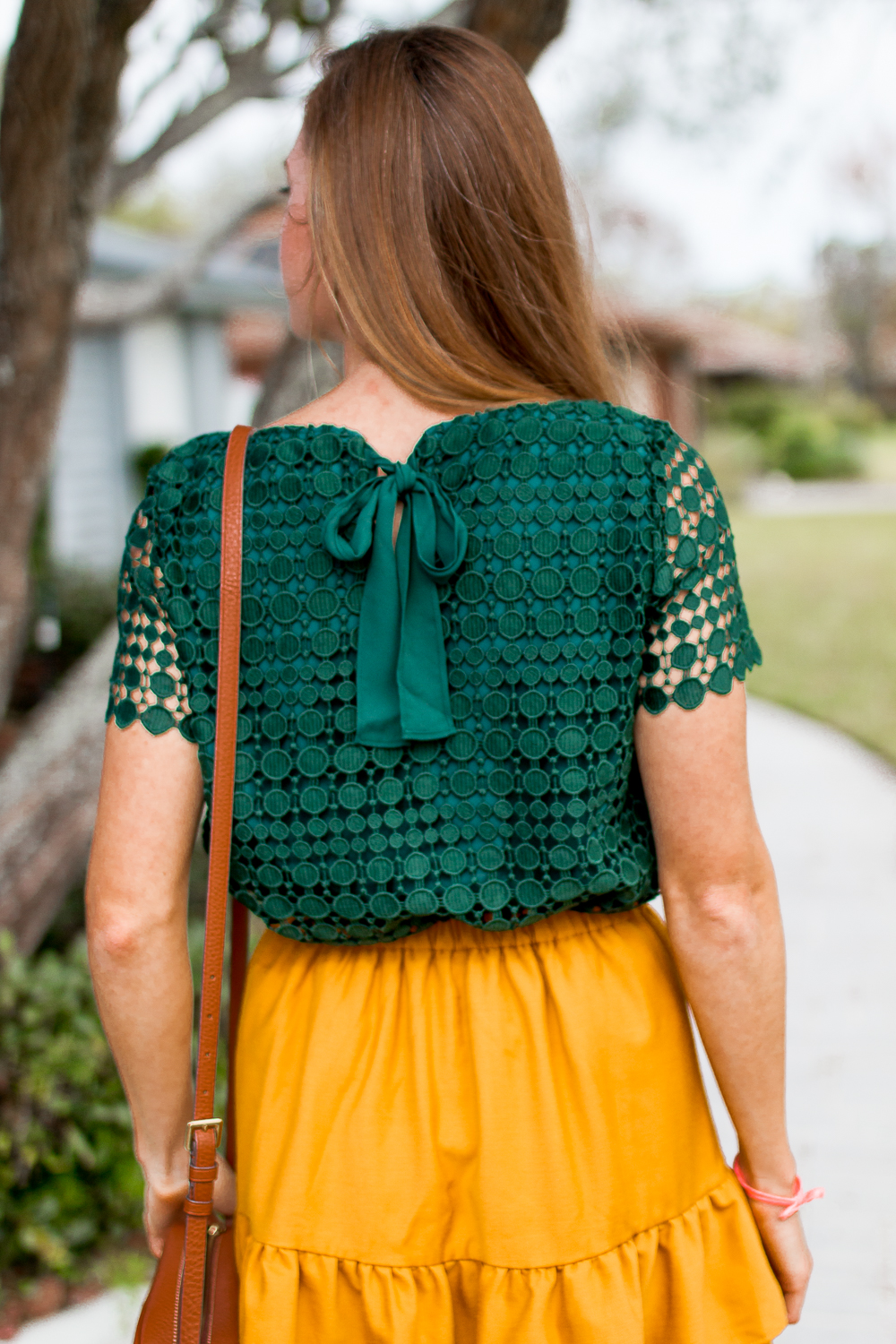 Mixing and Matching Seasonal Colors into Your Wardrobe | How to Dress for Fall | How to Incorporate Fall Colors in Your Wardrobe | Fall Outfit Ideas 2018 | Mustard Ruffle Skirt | Emerald Top with Bow Tie - Sunshine Style