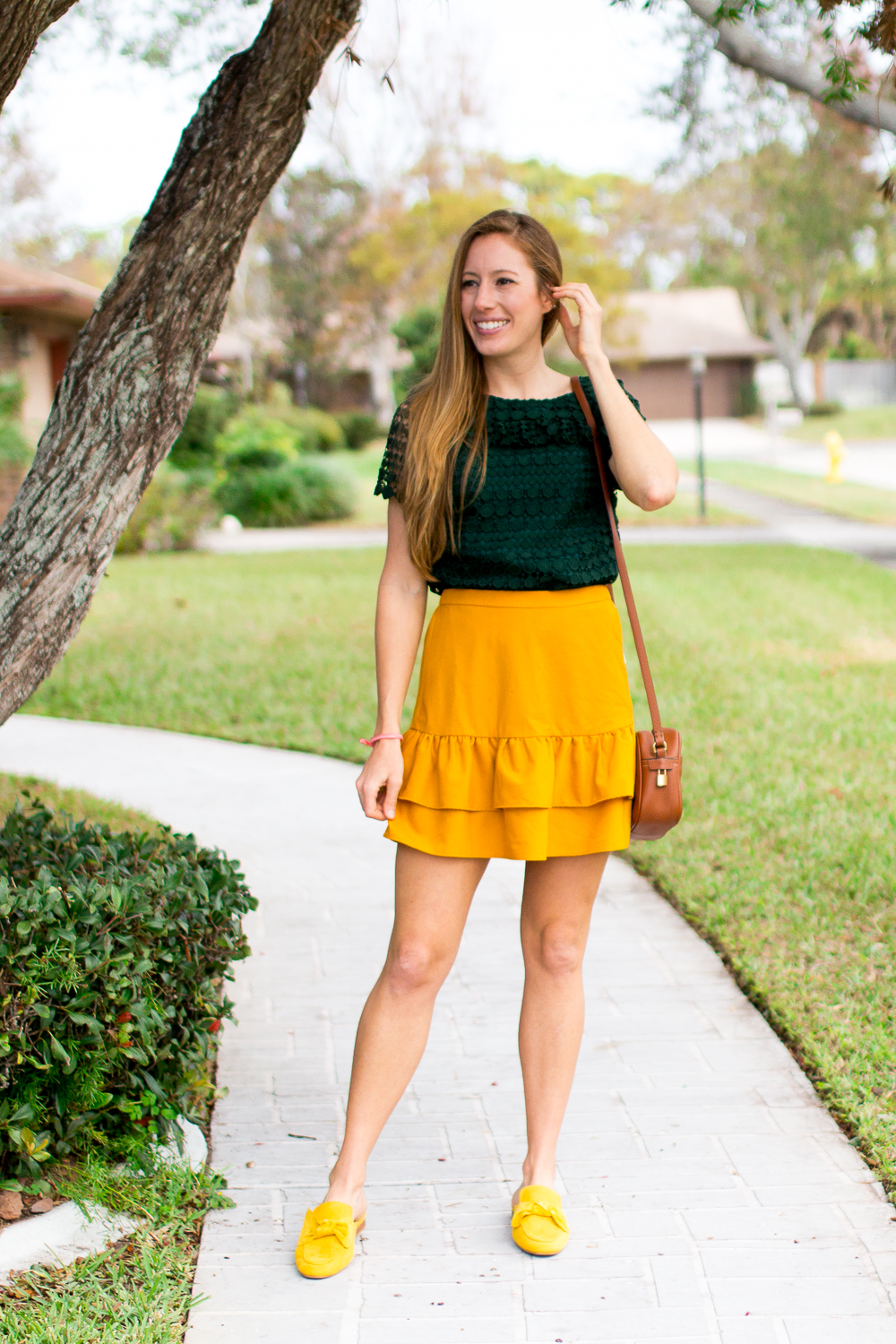 Mixing and Matching Seasonal Colors into Your Wardrobe | How to Dress for Fall | How to Incorporate Fall Colors in Your Wardrobe | Fall Outfit Ideas 2018 | Mustard Ruffle Skirt | Emerald Top | Mustard Loafer | Leather Bag - Sunshine Style
