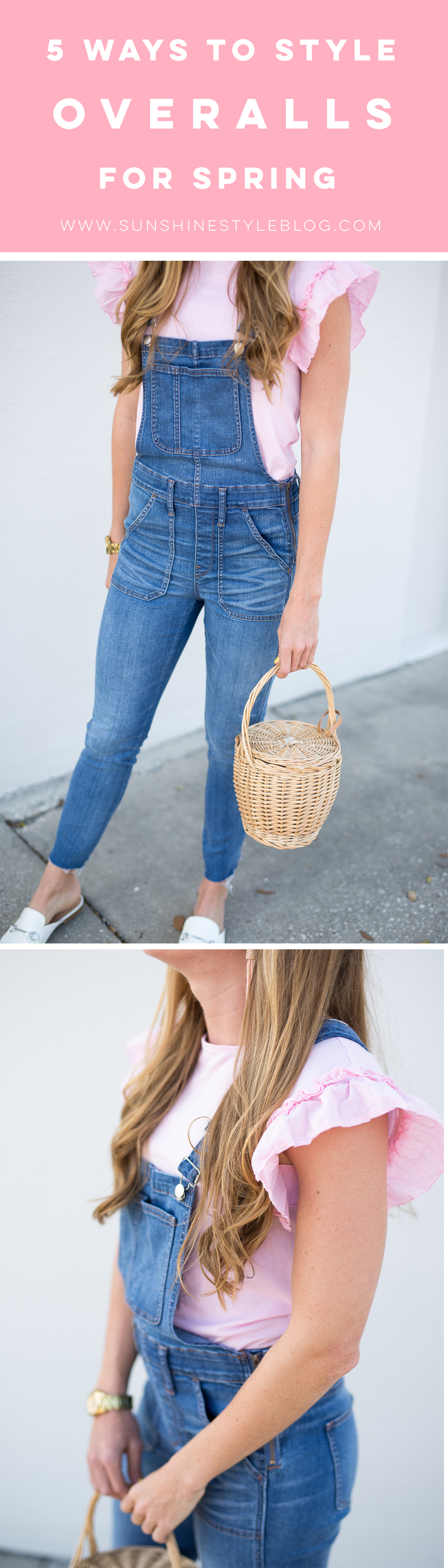 5 Ways to Style Denim Overalls for Spring, Wearing Madewell Overalls, Target Top and Loafers and a Basket Bag - Sunshine Style
