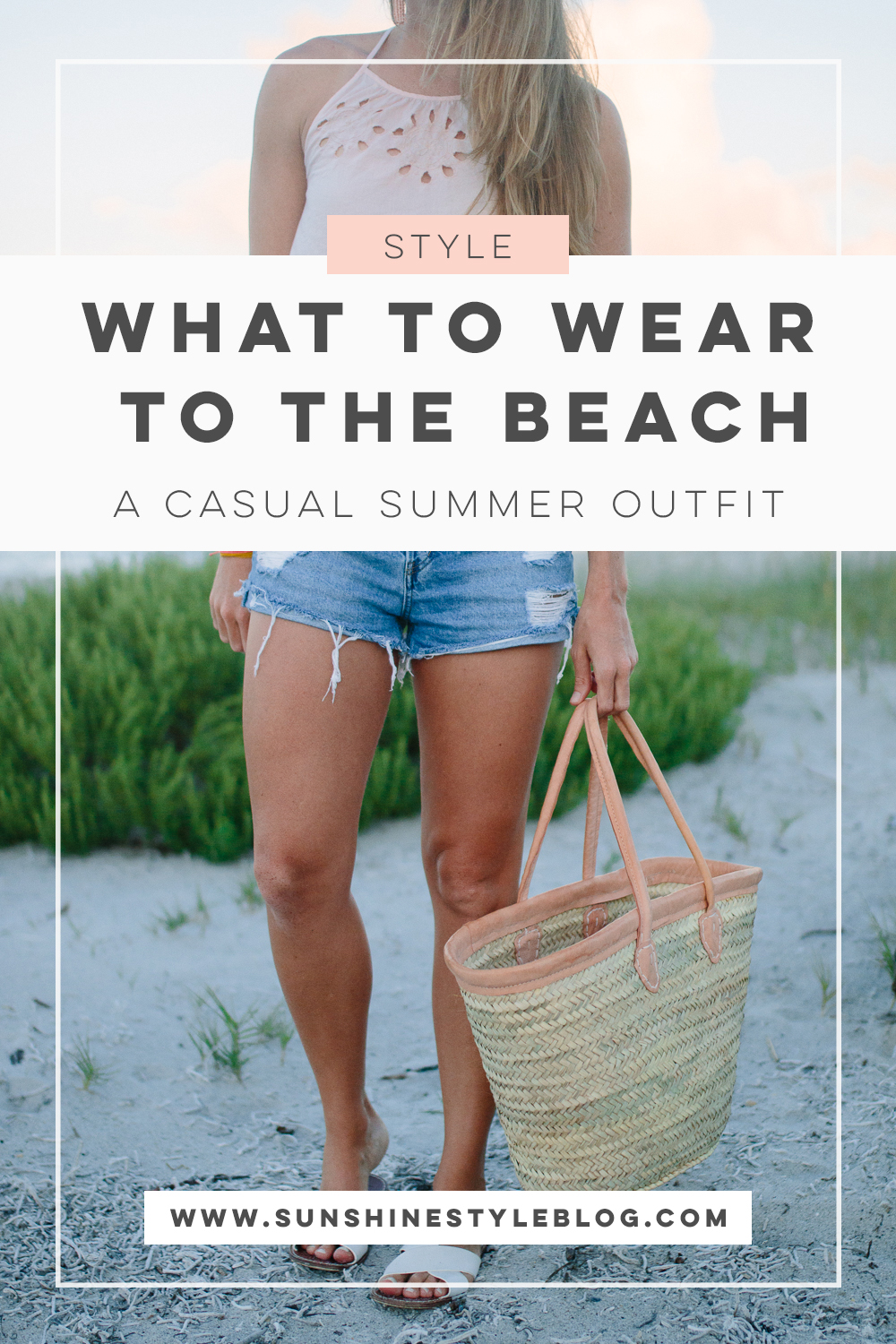 What to Wear to the Beach: A Casual Summer Outfit featuring an Aerie Crop Top, Denim Shorts, Sandals, Statement Earrings and a Beach Bag | Sunshine Style