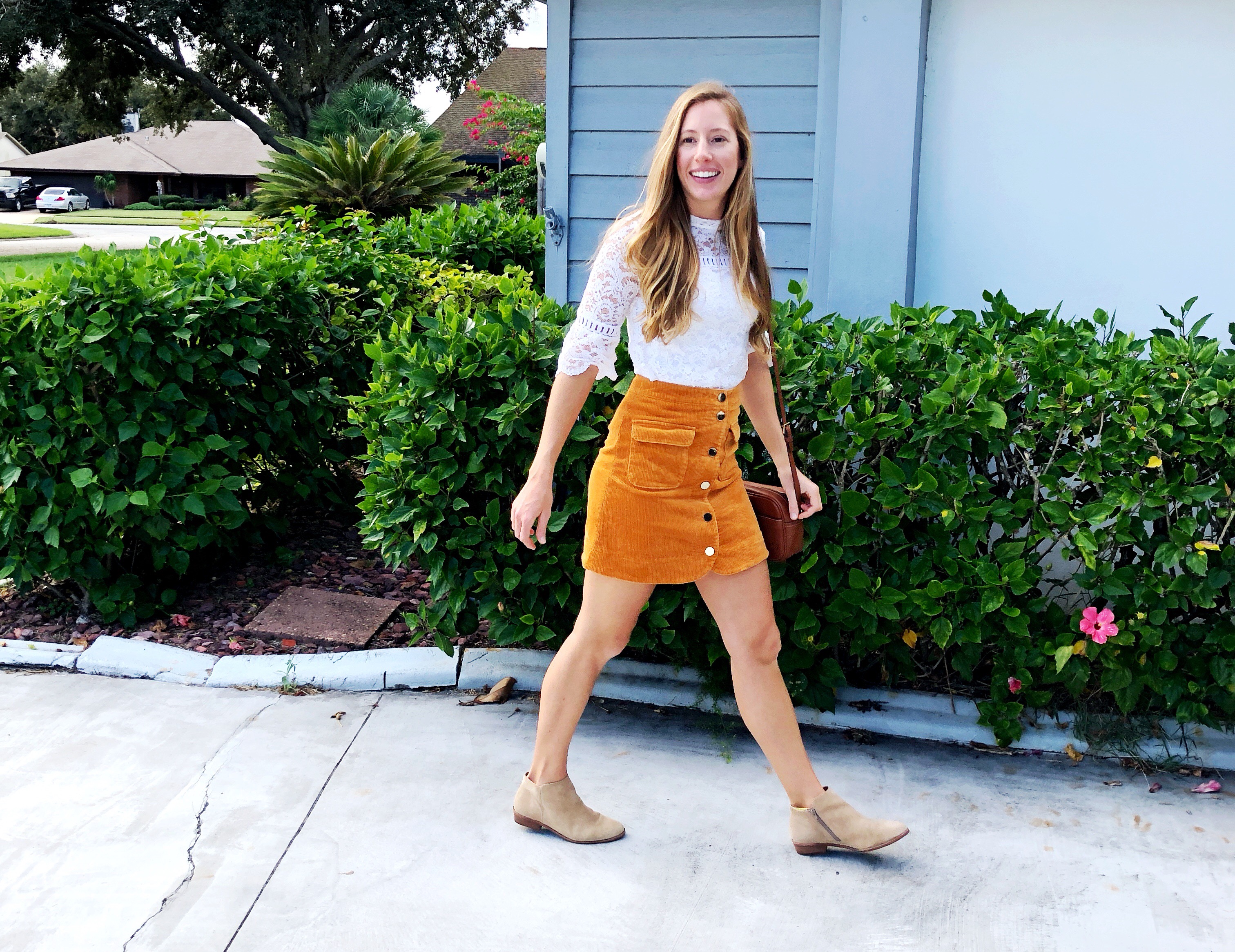 How to Style a Lace Top for Fall | How to Wear a Lace Top for Fall | Suede Skirt | Corduroy Skirt | How to Dress for Fall in Warm Weather - Sunshine Style