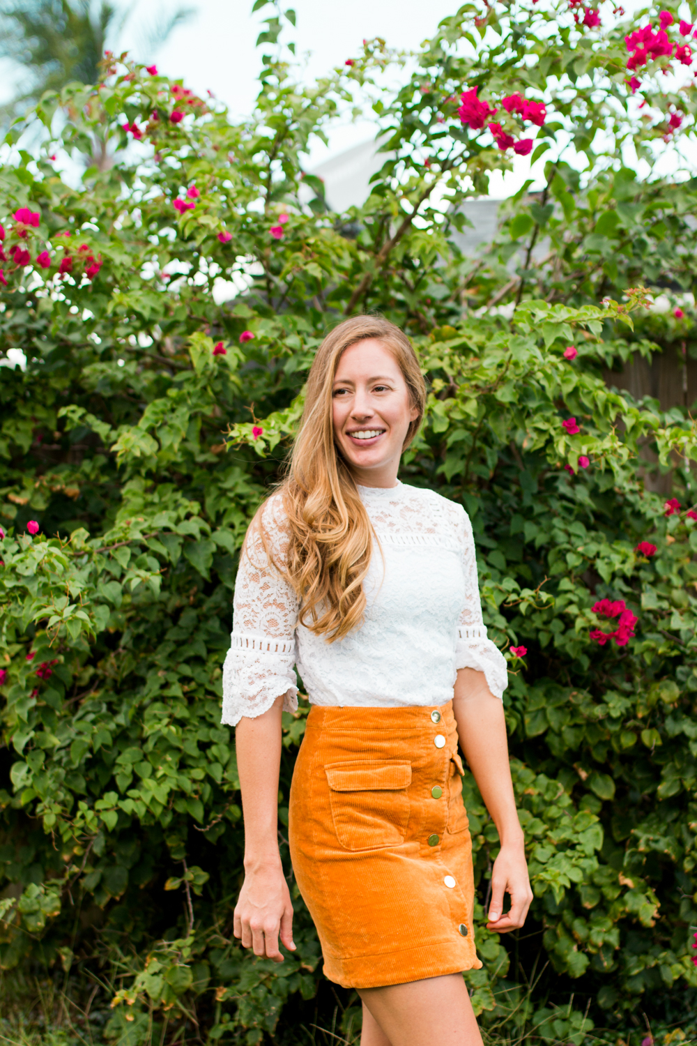How to Style a Lace Top for Fall | How to Wear a Lace Top for Fall | Suede Skirt | Corduroy Skirt | How to Dress for Fall in Warm Weather | Fall Outfit Idea | Corduroy Button Up Skirt - Sunshine Style, Florida Fashion Blog
