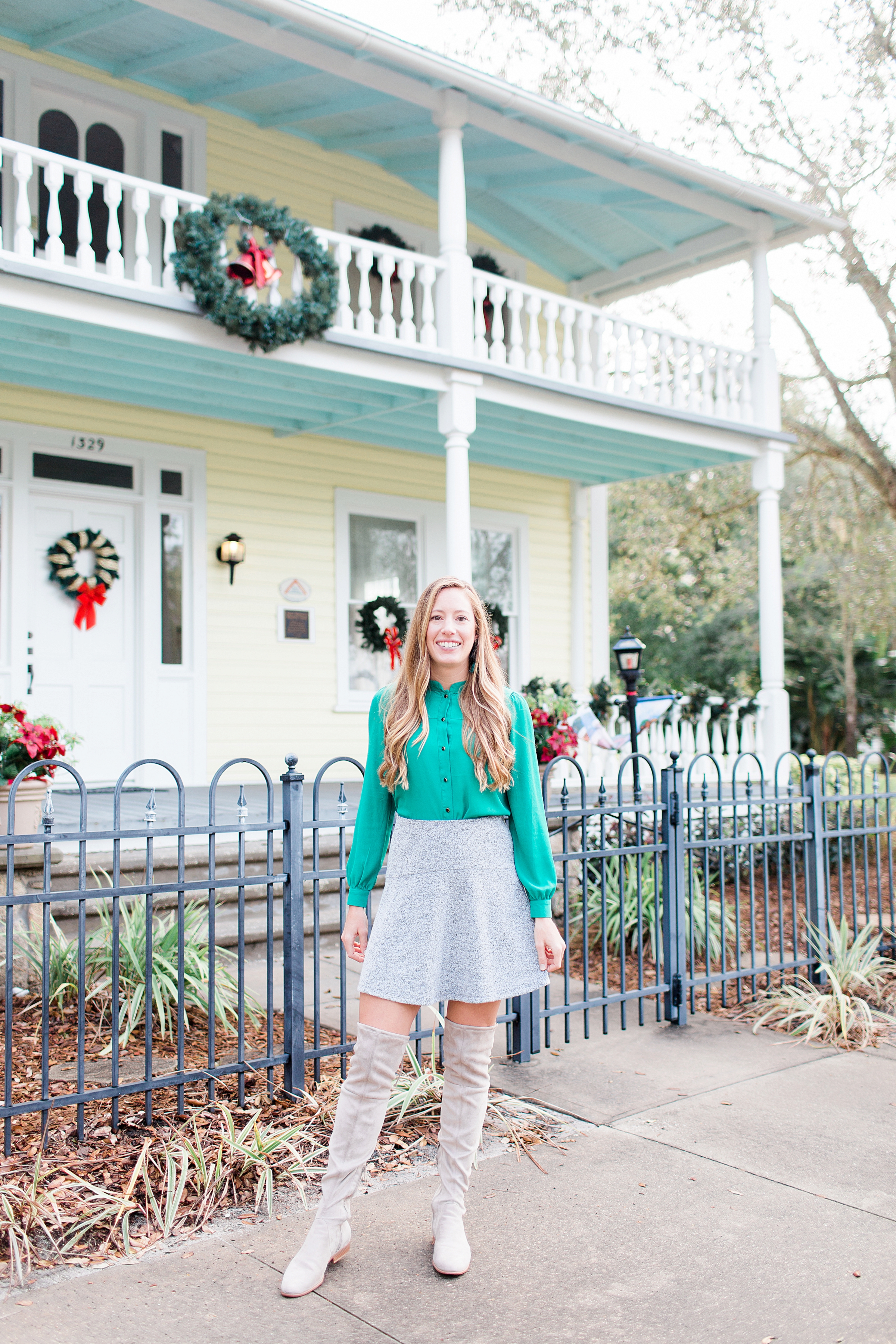 Festive Christmas Party Outfit // What to Wear for a Christmas Party // Christmas Day Outfit // Green Blouse // Grey Over the Knee Boots // LOFT Swing Skirt - More on www.thesunshinestyle.com