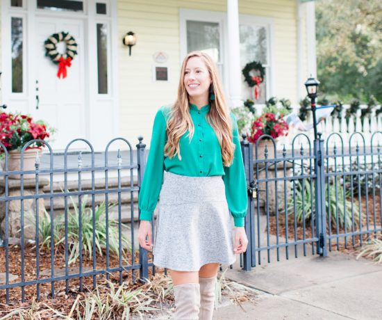 Festive Christmas Party Outfit // What to Wear for a Christmas Party // Christmas Day Outfit // Green Blouse // Grey Over the Knee Boots // LOFT Swing Skirt - More on www.thesunshinestyle.com