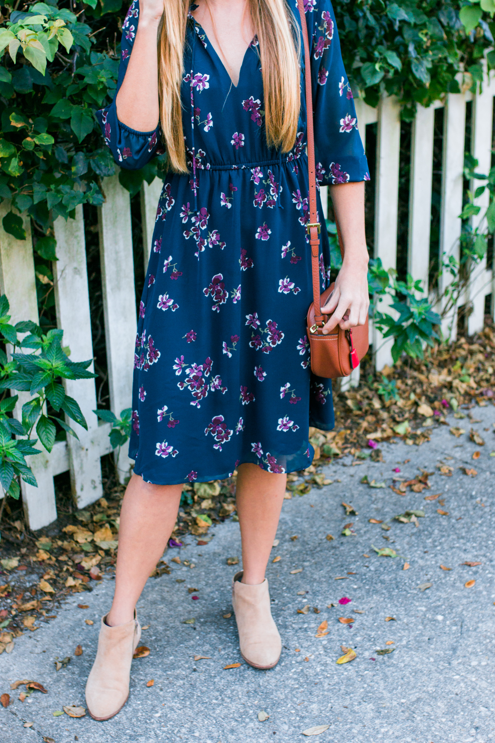 What to Wear in Florida During the Winter / Blue Floral Midi Dress / Long Sleeve Midi Dress with Ankle Boots / J.Crew Leather Bag / Panama Hat / Midi Dress for Work / More on www.thesunshinestyle.com #mididress #dresses #floral #blogger #fashionblogger #styletip