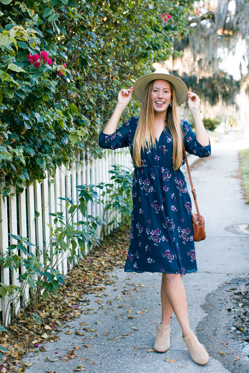 What to Wear in Florida in January / What to Wear in Florida In Dec / What to Wear in Florida During the Winter / Blue Floral Midi Dress // Long Sleeve Midi Dress with Ankle Boots / J.Crew Leather Bag / Panama Hat / Midi Dress for Work / More on www.thesunshinestyle.com