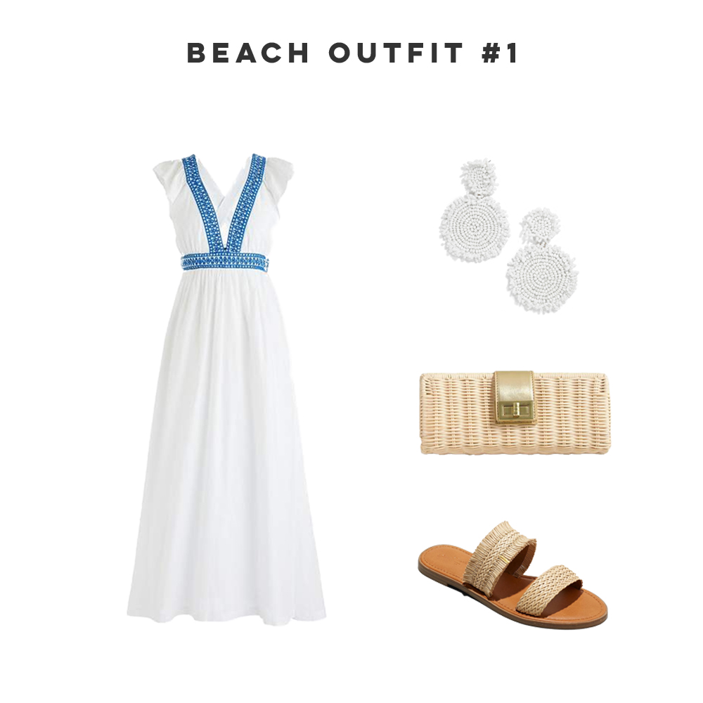 Three Easy Beach Vacation Outfits, Maxi Dress, Straw Bag, Statement Earrings, Woven Sandals - Sunshine Style