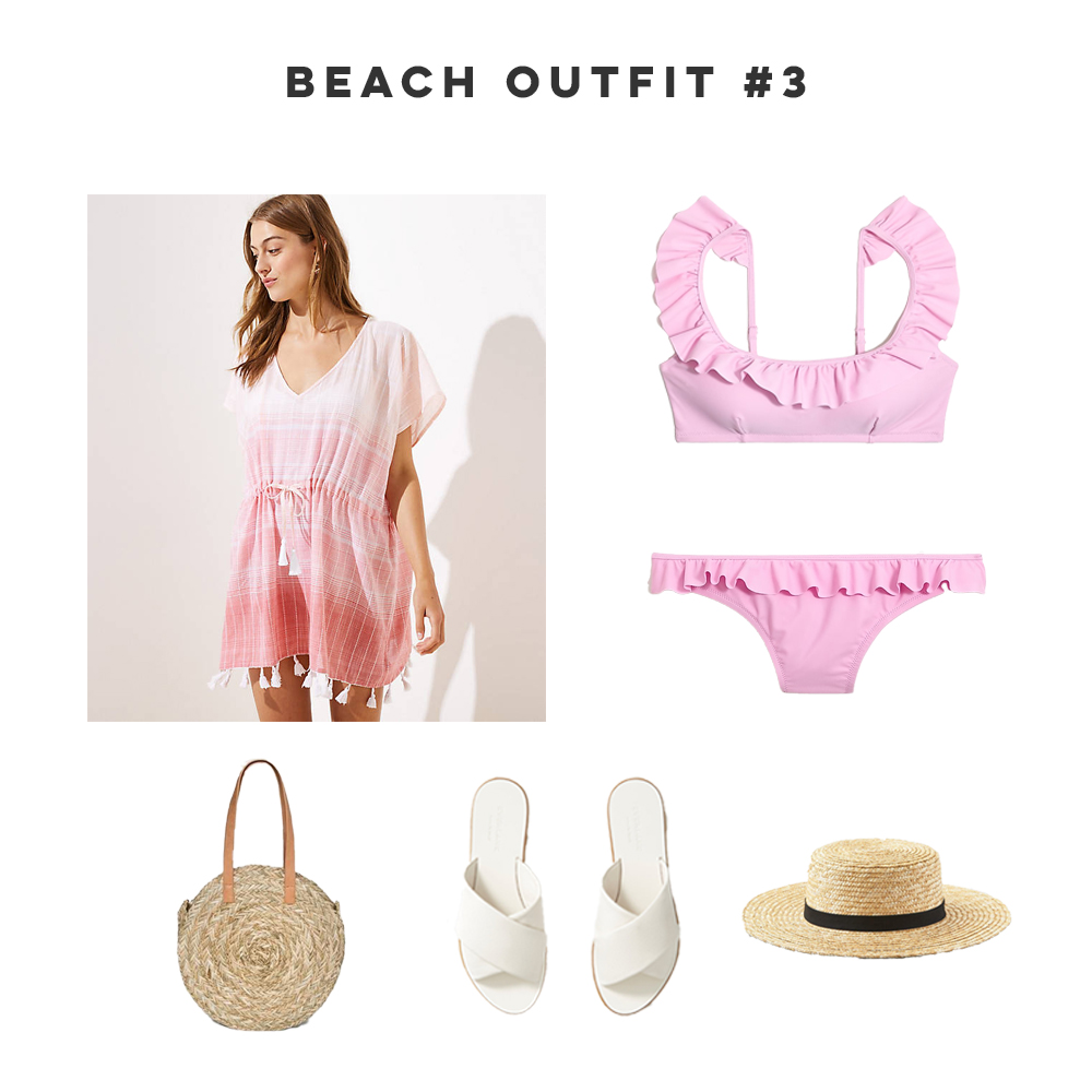 Three Easy Beach Vacation Outfits, Beach Cover Up, Ruffle Bikini, Straw Bag, Woven Hat, White Sandals - Sunshine Style