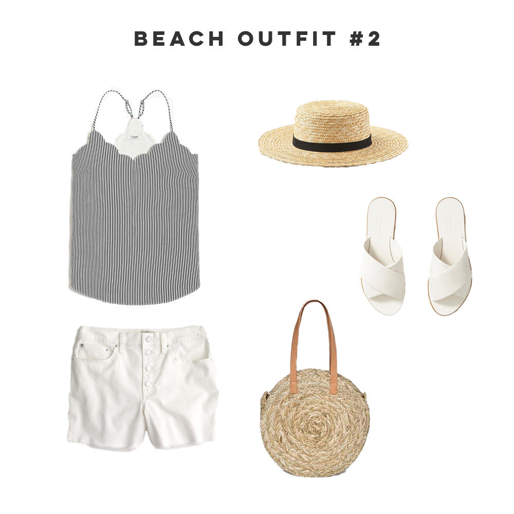 Three Easy Beach Vacation Outfits, Striped Tank, High Waisted Shorts, Straw Beach Bag, White Sandals - Sunshine Style
