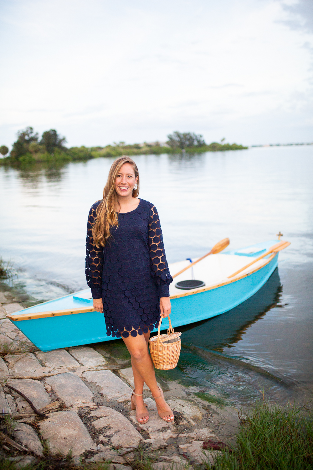 What to Wear to a Fall Wedding / Preppy Dress Ideas for a Fall Wedding / Navy Wedding Guest Dress / Sail to Sable Dress / Blue Row Boat on Water - Sunshine Style Blog