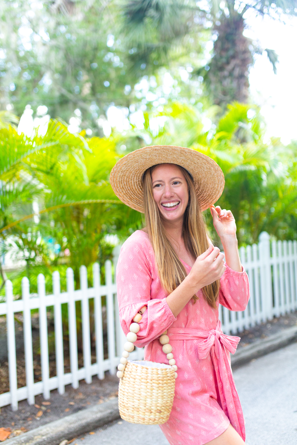 Affordable Rattan and Straw Accessories for Spring and Summer / Spring Jumpsuit / LOFT Romper / Pink Jumpsuit / How to Style Straw Accessories / Simple Spring Outfit / Spring Outfit Inspiration - Sunshine Style, A Florida Fashion and Lifestyle Blog by Katie McCarty