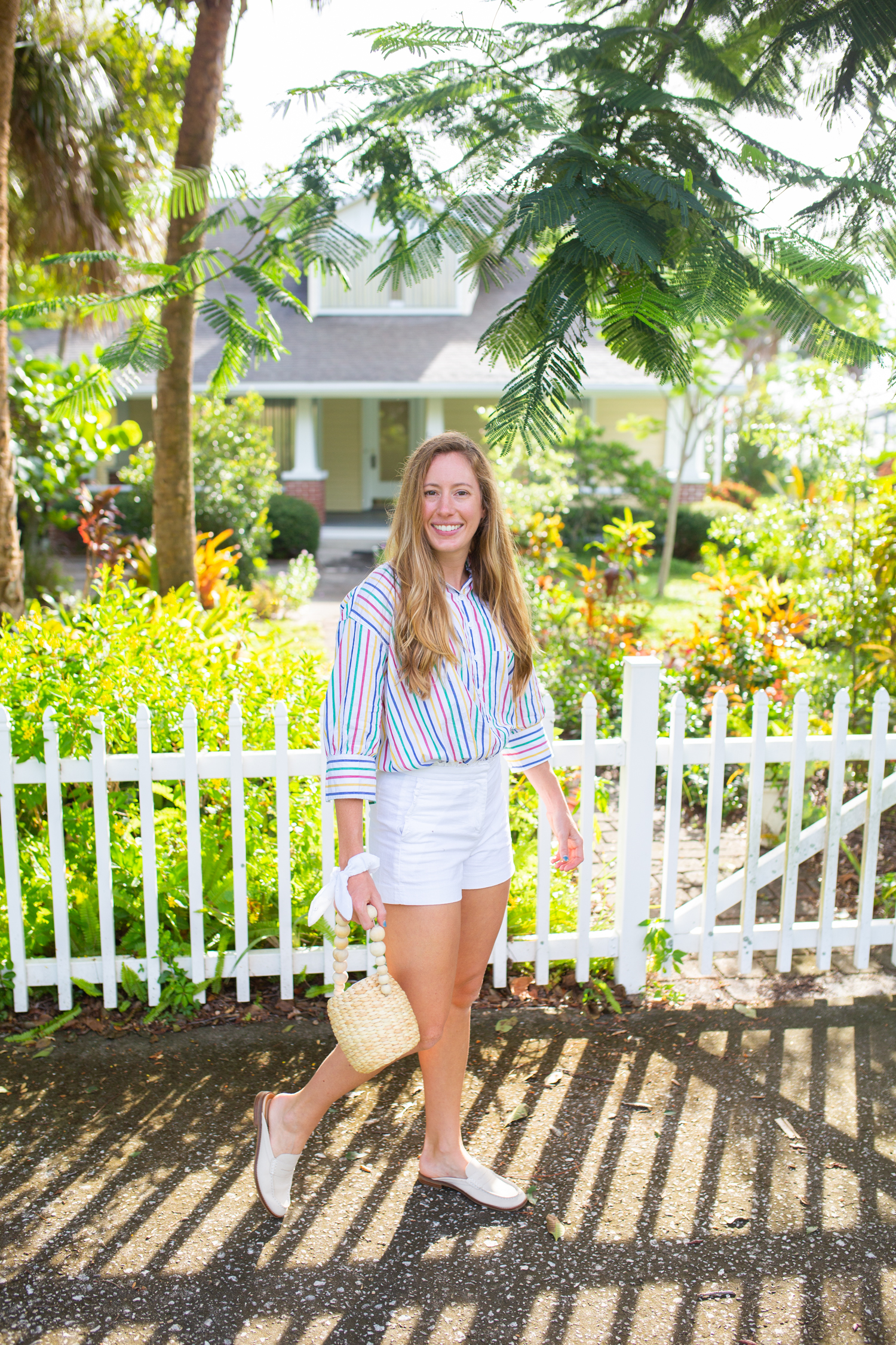 Casual Striped Button Down Top / Long Sleeve Top / Tuckernuck Top / Casual Fall Outfit / Fall Transition Outfit / White Shorts / Straw Bag - Sunshine Style, A Preppy Fashion and Coastal Lifestyle Blog