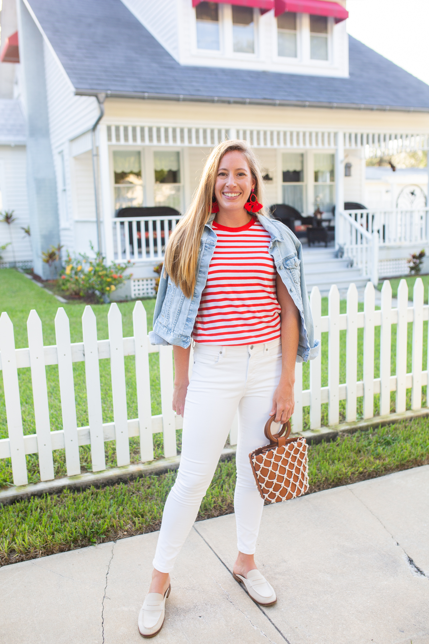 Everlane White Mid-Rise Skinny Jeans / Striped Top / Fall Outfit Inspiration / Jean Jacket / Casual Fall Outfit / Coastal Style / Preppy Outfit  / How to Style White Jeans - Sunshine Style - A Preppy Fashion and Coastal Lifestyle Blog by Katie