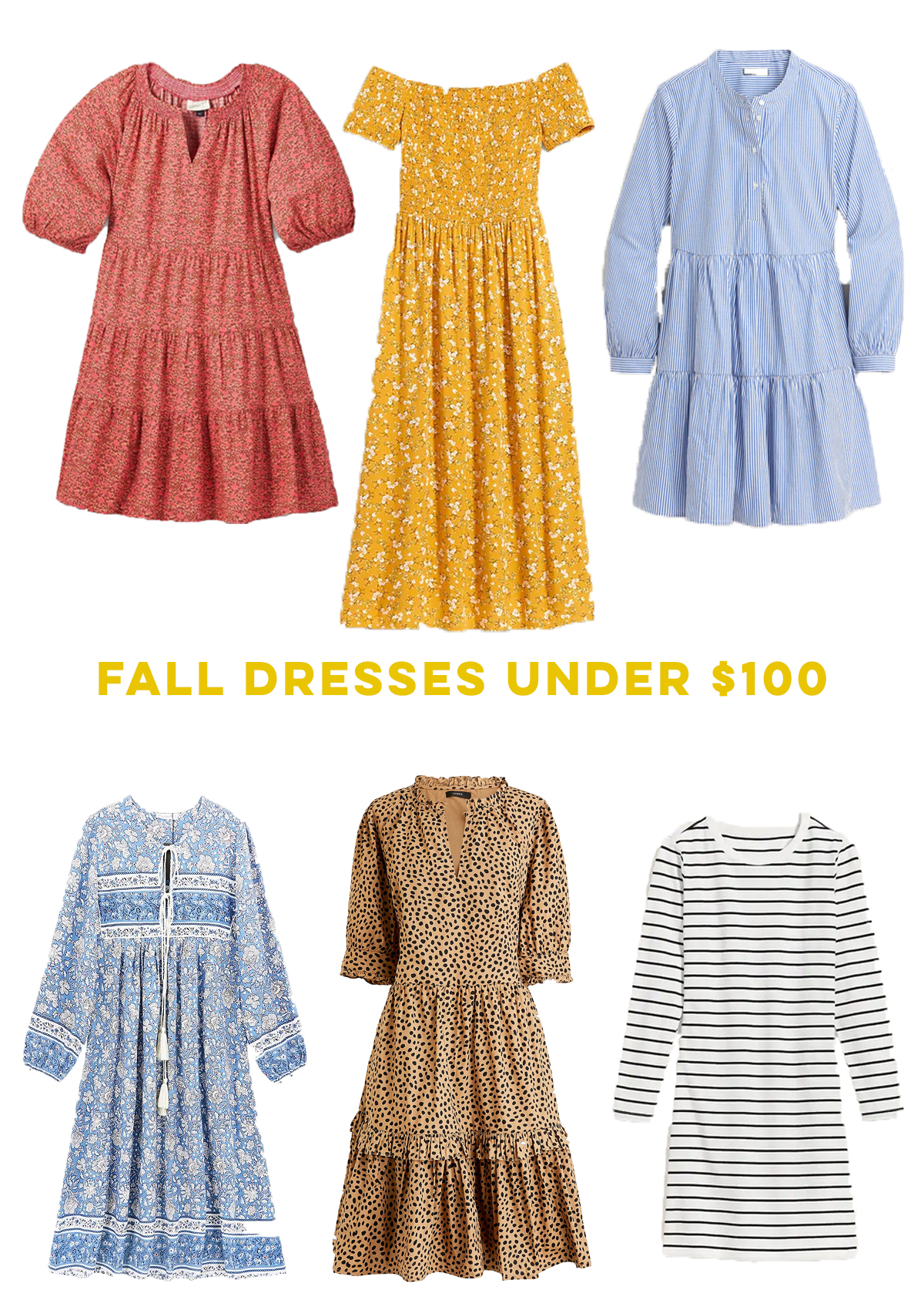 Affordable Fall Dresses Under $100 / Babydoll Dress / Tiered Dress / Ruched Dress / Striped Dress / Long Sleeve Dress / Leopard Print Dress / Floral Dress - Sunshine Style, A Preppy Fashion and Coastal Lifestyle Blog by Katie