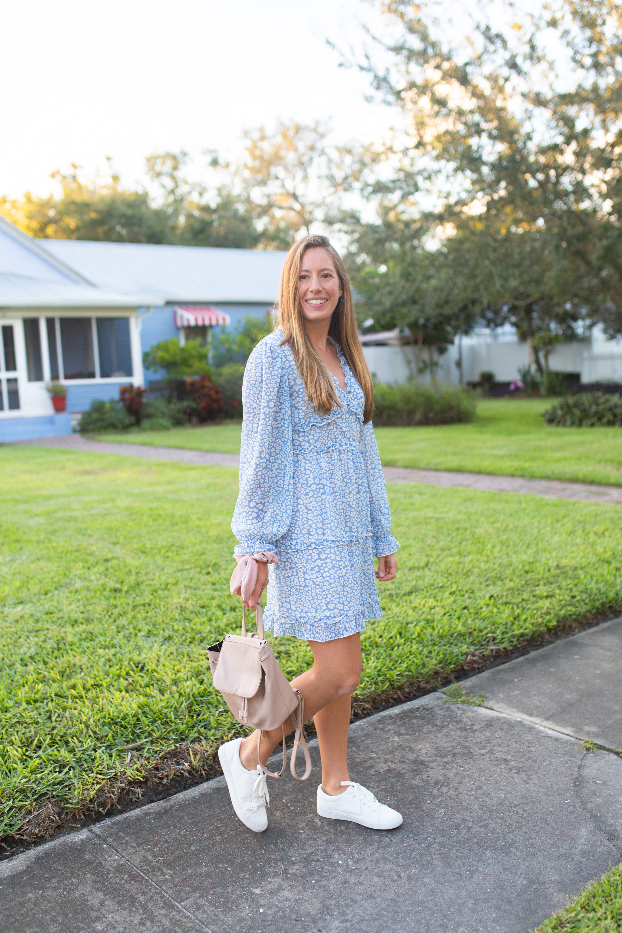 White Sneakers Outfit / Where to Buy the Best White Sneakers / White Sneakers with Dresses / How to Style White Sneakers  / White Sneakers Outfit Winter / Blue Dress - Sunshine Style, A Florida Fashion and Lifestyle Blog by Katie