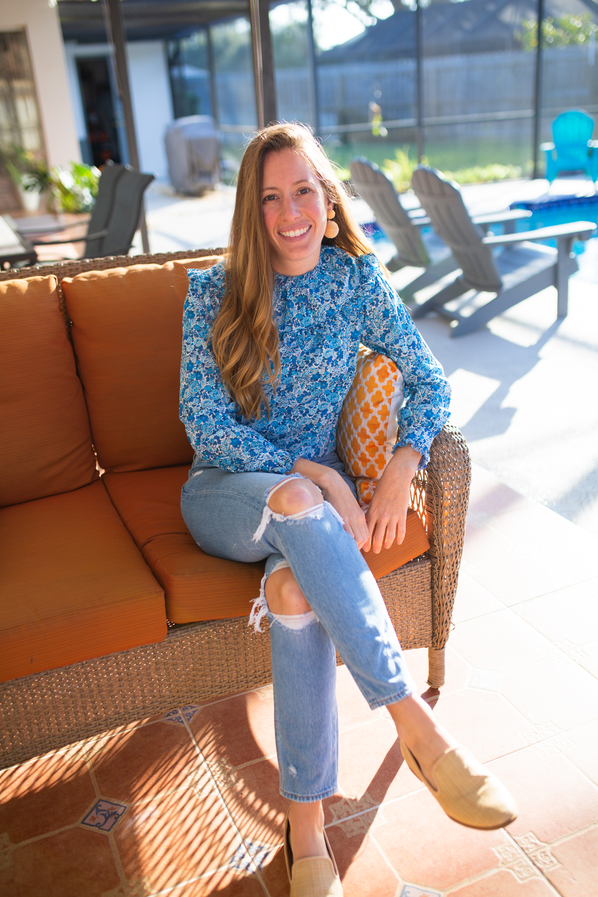 J.Crew Liberty Print Floral Blouse / Mom Jeans / Florida Blogger / Ruffle Long Sleeve Top / Liberty London / Winter Outfit / Winter Style / Floral Top / Raffia Statement Earrings - Sunshine Style, A Florida Based Fashion and Lifestyle Blog by Katie
