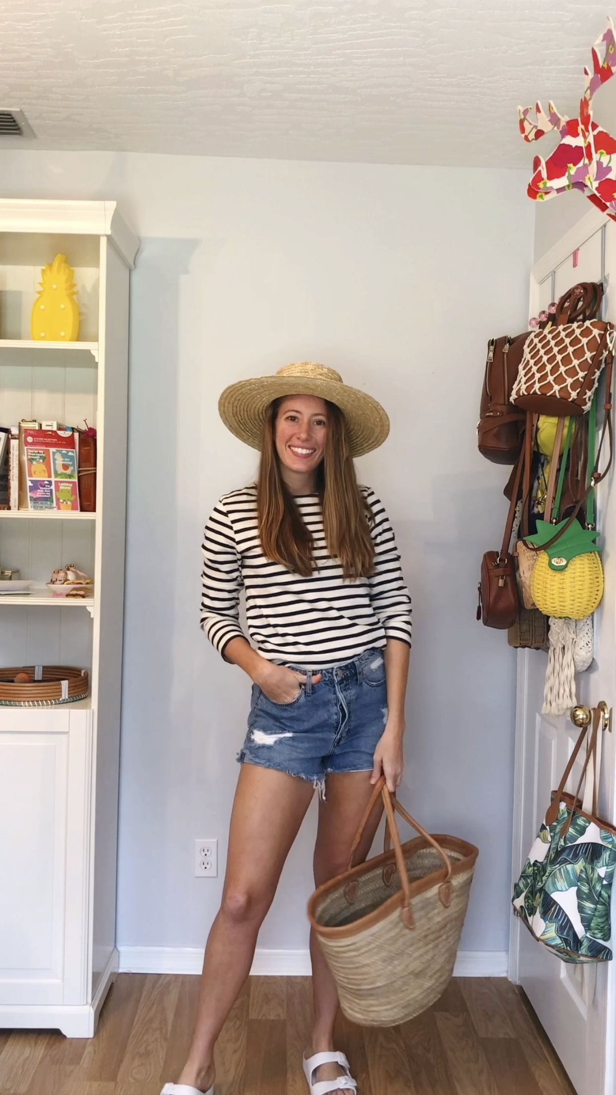 3 Ways to Wear a Long Sleeve Striped Shirt / Beach Outfit / Denim Shorts / Cutoff Shorts / Striped Top / Beach Bag / Rattan Accessories / Sunshine Style - A Florida Fashion Blog by Katie
