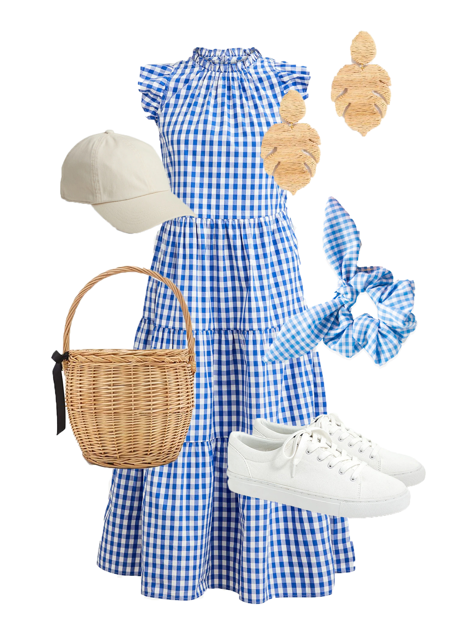 coastal style outfit idea with gingham blue dress and white sneakers