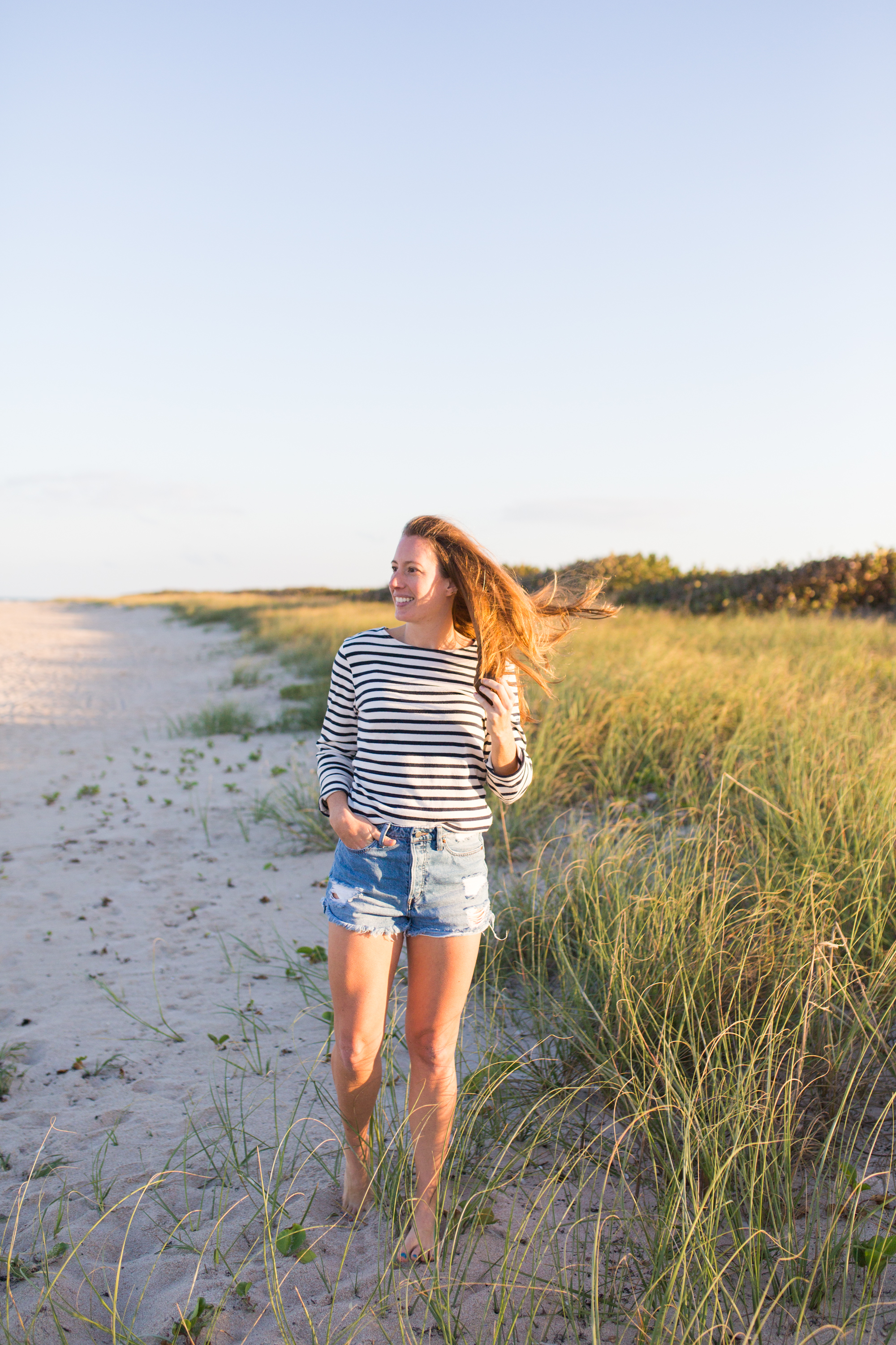  woman at the beach Long Sleeve Striped Shirt